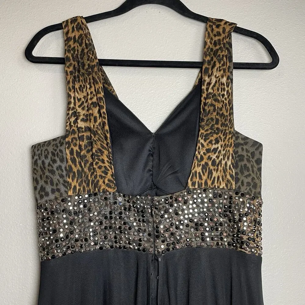 ALBERTO MAKALI 90s Y2K Brown Leopard Print Goddess Gown Sz 12 Dress Beaded